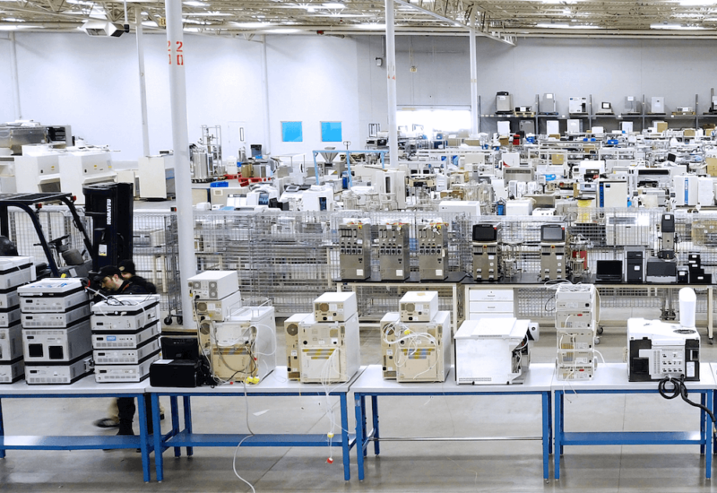 Interior drone shot of Surplus Solutions® facility of lab equipment.